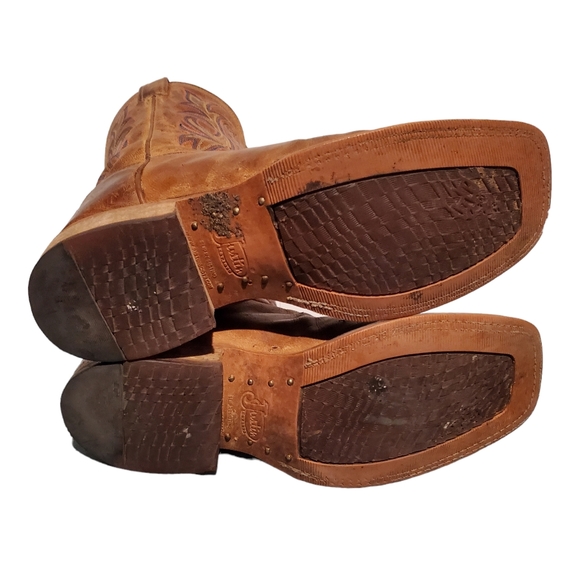 Justin Brown Leather Square-Toe Cowboy Western Boots Men's Size 9D, Made In USA - Picture 8 of 12